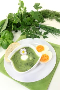 a green herb soup with eggs and creme Fraich