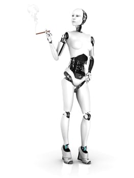 A sexy female robot smoking a cigar. White background.
