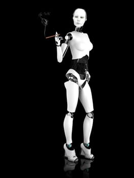 A sexy female robot smoking a cigar. Black background.