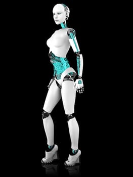 A sexy female robot in a standing pose. Black background.