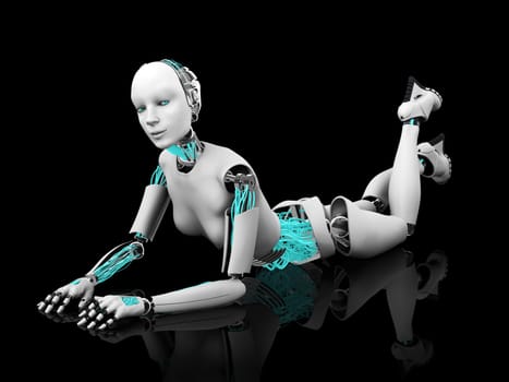 A sexy female robot lying on her stomach on the floor. Black background.
