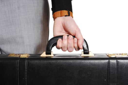 A closeup picture of the hand of a man holding his briefcase, isolated.for white background..