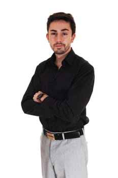 A closeup picture of a young man in a black shirt smiling into.the camera with a beard, isolated for white background..