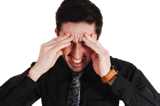 A closeup picture of a businessman holding his head for heavy headache.isolated for white background..