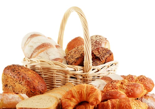 Wicker basket with baking products isolated on white