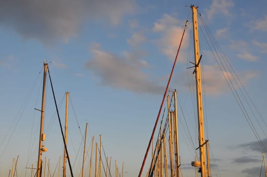 Sail Boats Masts In Port With Sunset Background.