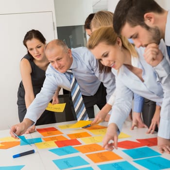Business colleagues arranging multicolored labels on table in meeting