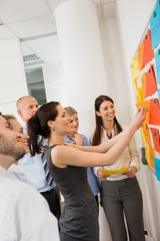 Businesswoman sticking labels on whiteboard during meeting