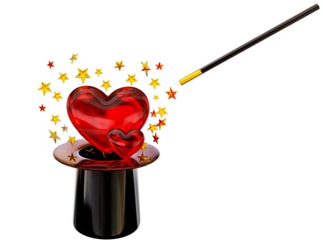 Retro style hat with magic wand and stars for love spell on white background