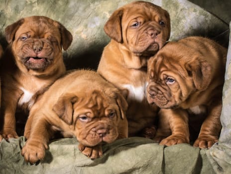 litter of dogue de bordeaux puppies on green background
