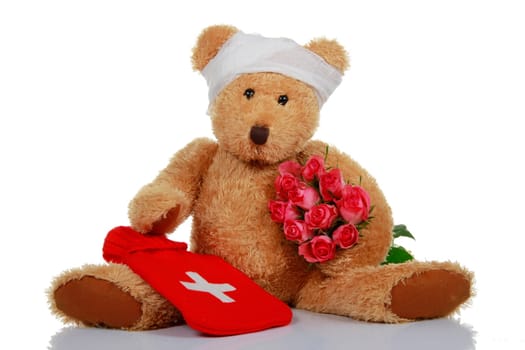 Teddy bear with roses and hot water bottle