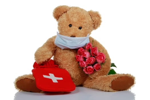 Teddy bear with hot water bottle and roses