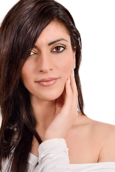 Portrait of a beautiful caucasian woman on a white background
