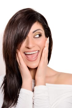 Portrait of a beautiful caucasian woman on a white background