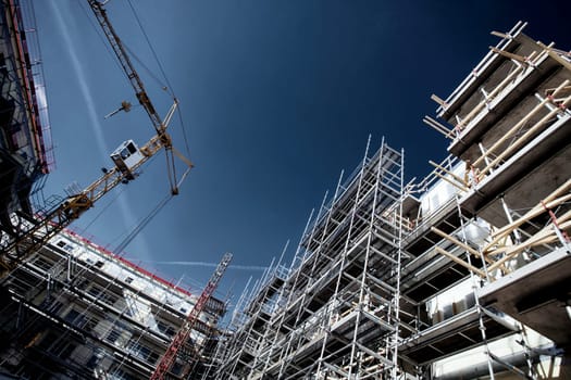 large building and construction site in a super-wiide perspective