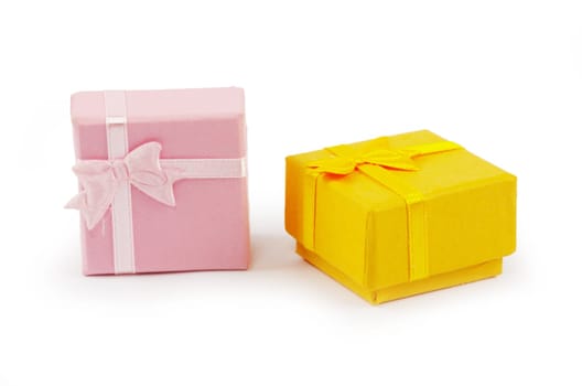 Christmas box gifts with satin bow isolated on white background