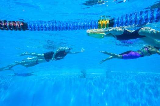 Swimmers girls boys warm-up laps before race heats.Underwater swimming water action at national championships.