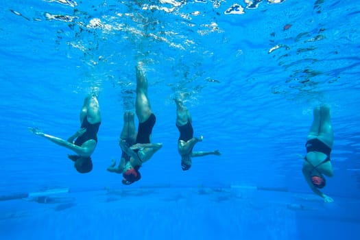 Girls Synchronized underwater swimming water action at national championships