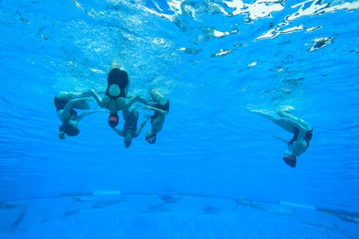 Girls Synchronized underwater swimming water action at national championships