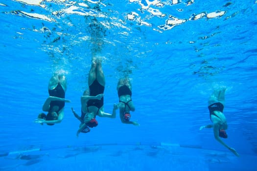 Girls Synchronized underwater swimming water action at national championships