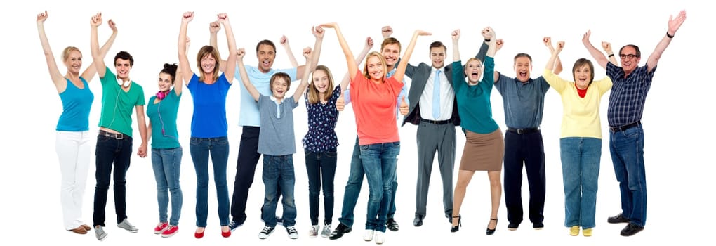 All family members posing cheerfully with raised arms, collage concept.