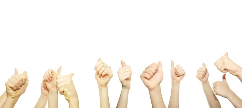 Many hand lifted up on white background
