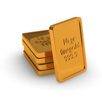Fine gold bars stacked on a white background