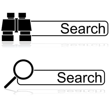Icon illustration showing a couple of options for search bars, one with a pair of binoculars and one with a magnifying glass