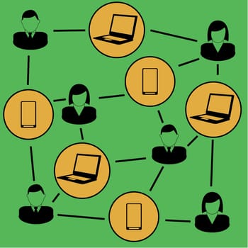 Concept illustration showing people connected by lines and smartphones and computers