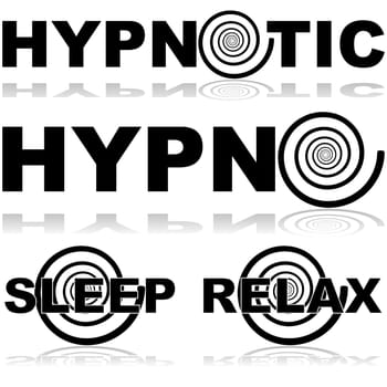 Icon set showing a hypnosis spiral in combination with certain words normally associated with this practice