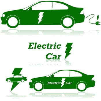 Concept illustration showing an electric car with a lightning bolt and an electrical plug