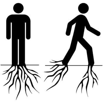 Concept illustration showing a man standing rooted to the ground and then starting to move