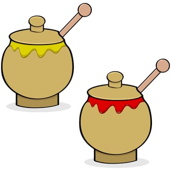 Cartoon illustration showing a pot of mustard and another one of ketchup