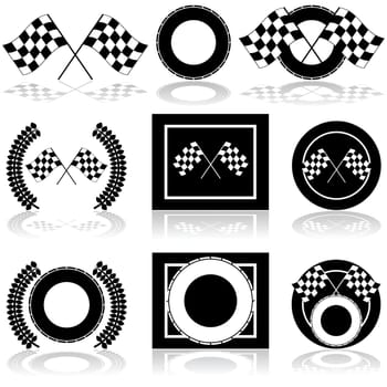 Icon set showing a couple of checkered flags and a tire set up in different arrangements