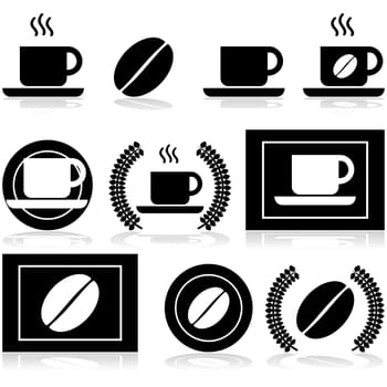 Icon set showing a cup of coffee and a coffee bean in different arrangements and with other elements
