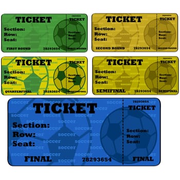 Cartoon illustration showing blank soccer (football) tickets in different colors