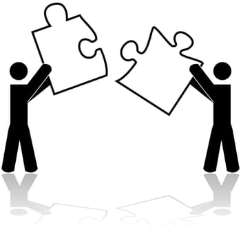 Concept illustration showing two people carrying matching puzzle pieces