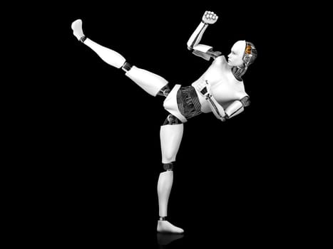 A male robot doing a karate kick. Black background.
