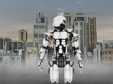A futuristic robot standing in front of a science fiction inspired city.