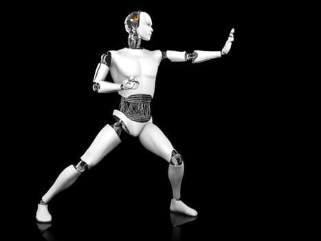 A male robot standing in a fighting karate pose. Black background.