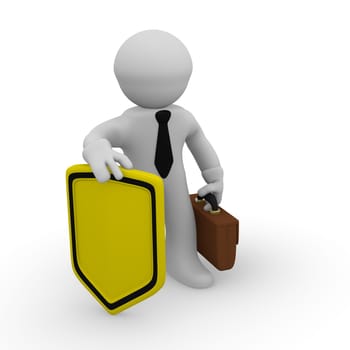 3d business man with a yellow sign with space for text