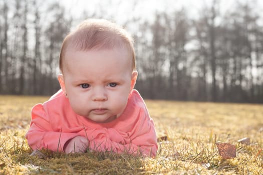 Little baby on the grass in the sun