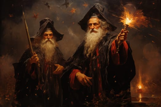 A mesmerizing portrayal of venerable and formidable wizards, exuding wisdom as they masterfully cast intricate arcane spells, wielding ancient staffs adorned with mystic runes.