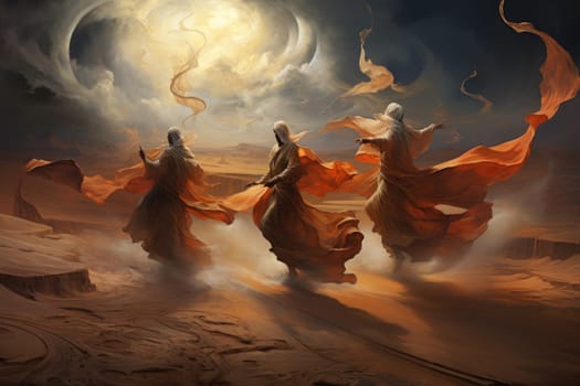 In the enchanting world of fantasy, there exist mystical beings known as whirling sand dervishes.