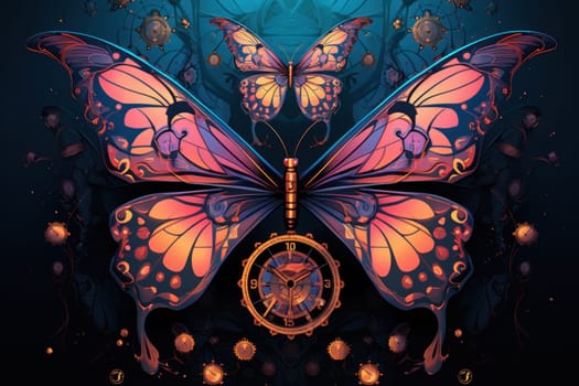An enchanting portrayal of ethereal clockwork butterflies, fluttering gracefully with intricate precision, each adorned with intricate gears and delicate wings that shimmer with fantastical hues.