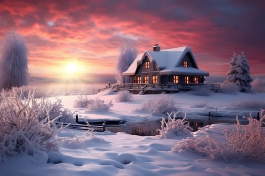 An exquisite winter composition, expertly capturing the tranquil allure of recently fallen snow draping over trees, landscapes, and architectural structures.
