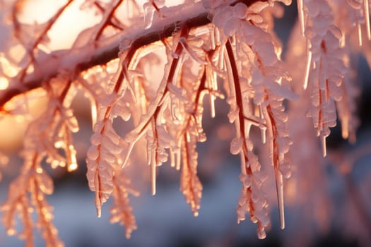 A remarkable portrayal of winter's allure, focusing on the glistening, see-through charm of icicles suspended from rooftops and tree limbs, showcasing their sparkling and crystalline elegance.