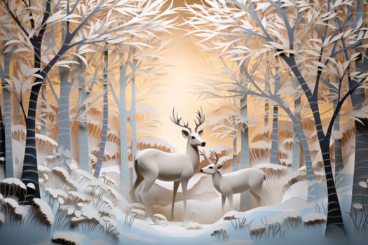 An enchanting winter tableau, showcasing the grace and resilience of wildlife, including deer, birds, and squirrels, in their natural habitats during the frosty season.