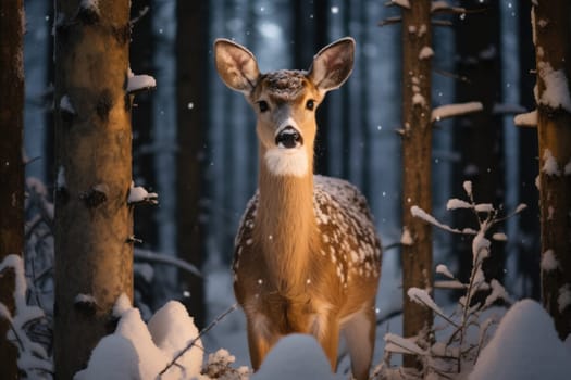 An enchanting winter tableau, showcasing the grace and resilience of wildlife, including deer, birds, and squirrels, in their natural habitats during the frosty season.