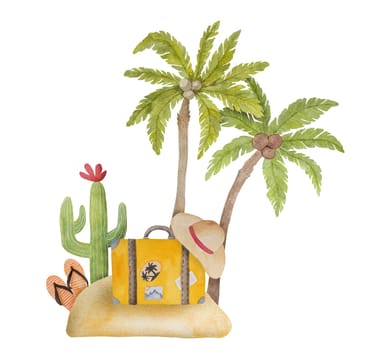 Tropical Mexico summer watercolor painting with palms, cactus and beach for postcard. Exotic vacation paradise